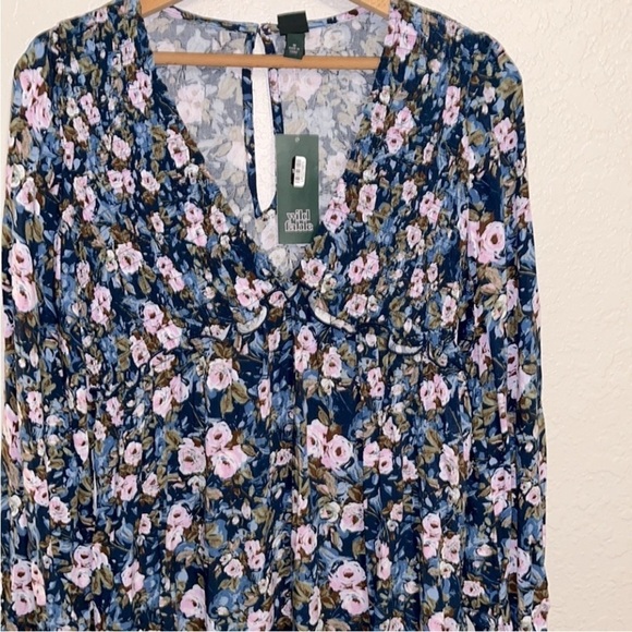 NWT Women’s Navy Floral Print Long Sleeve Tiered Babydoll Dress - Wild Fable M - Picture 3 of 7